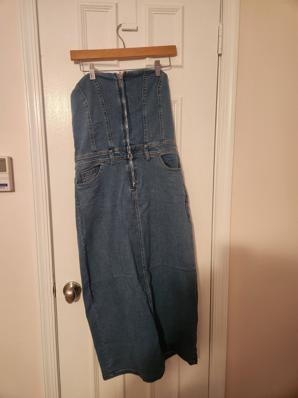 Medium Wash Blue Strapless Denim Midi Skirt Jean Dress